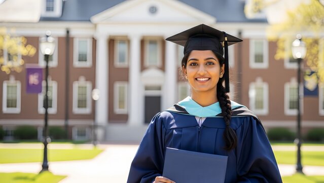 radiant Indian female graduate student in cap and gown with certificate on campus