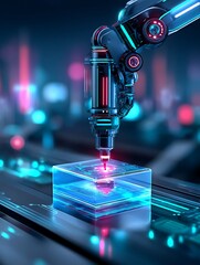 Futuristic robot arm placing a transparent cube
