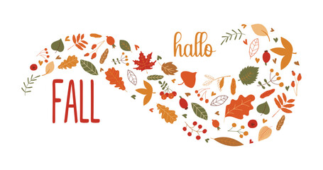 Bright autumn leaves in a gust of wind and an inscription. Autumn illustration. Autumn lettering. Different leaves. Vector illustration.