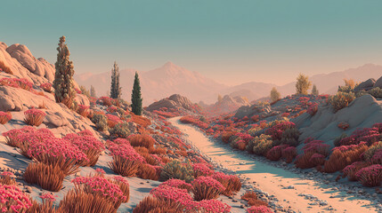 Minimalist desert highway at dusk surrounded by  botanical structures mimicking native cacti, pastel earth tone palette with soft orange, terracotta, and pale olive gradients. 