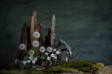 A delicate dandelion with soft, fluffy seeds rests among rugged driftwood, moss, and lichen. The...