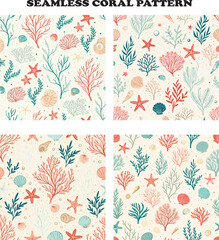 Seamless coral reef pattern with pastel seaweeds, starfish, and shells on a sandy cream background, perfect for coastal-themed textiles, beach decor, summer fashion, and wallpapers