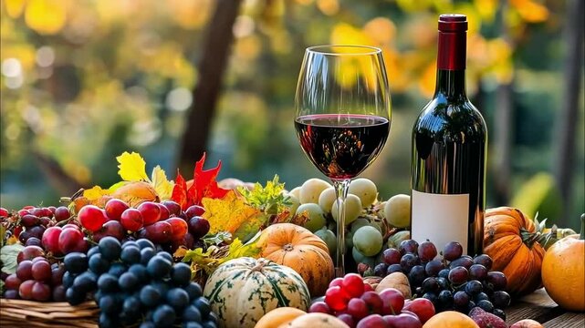 Autumn fruits and vegetables arranged on a rustic outdoor table with a bottle of wine, surrounded by natural light and cozy rural atmosphere