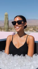 Obraz na płótnie Canvas Smiling Woman in Minimalist Black Ice Bath Filled with Ice Cubes in Sunny Desert Setting with Cacti