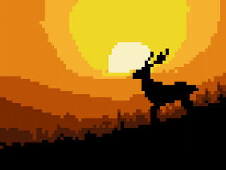 pixel art deer is standing in a field with a sunset in the background. The image has a serene and peaceful mood, with the deer being the main focus of the scene.