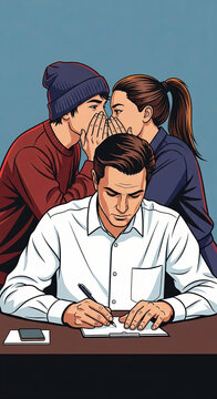 Colleagues whisper behind their backs, spreading rumors and gossip in the office. The concept of denunciation, betrayal, and a toxic work environment.