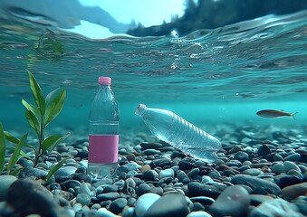 Plastic bottles litter underwater riverbed