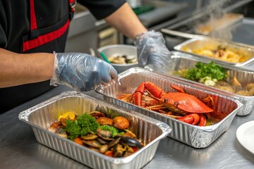 Obraz premium Chef Preparing Freshly Cooked Seafood for Takeout or Delivery