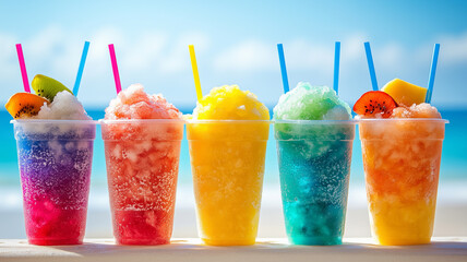 A row of colorful snow cone slush drinks with a blue sky and ocean background