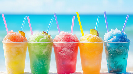 A row of colorful snow cone slush drinks with a blue sky and ocean background