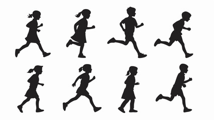 Collection of seven children playing silhouettes isolated on white background