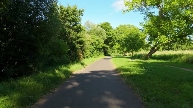 Path for bicycle or sidewalk, moselle river valley in Trier, Germany, landscape with green trees and bushes 