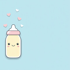  baby bottle placed on the left side of a pastel blue background, minimal cute design with space on the right for baby shower text