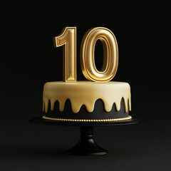 3D golden number 10 on top of a cake, black background