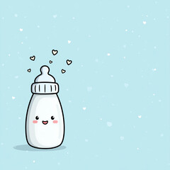  baby bottle placed on the left side of a pastel blue background, minimal cute design with space on the right for baby shower text