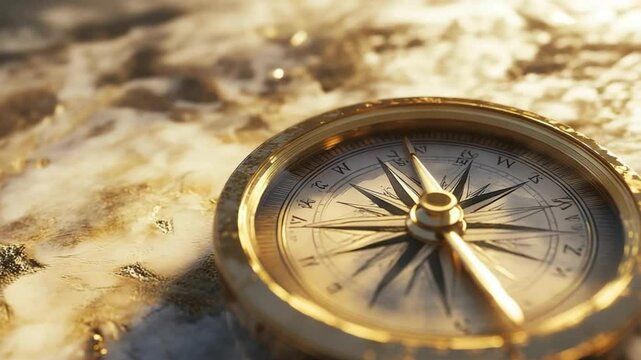 Golden compass on a swirling marble surface, symbol of adventure and exploration