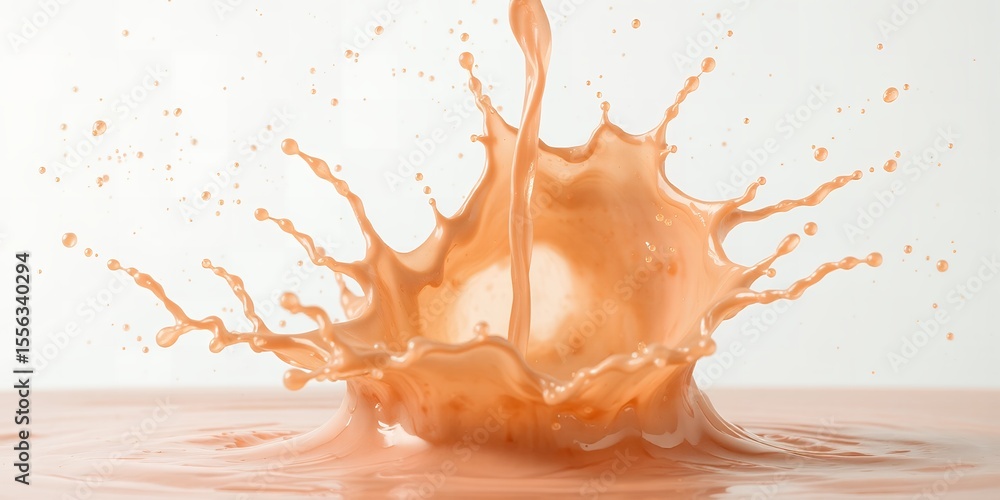 Poster a vibrant splash of peach colored liquid creating a crown shape on a light background surface