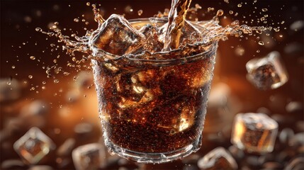 Cola drink splashing with ice cubes and glowing background Image 4K UHD