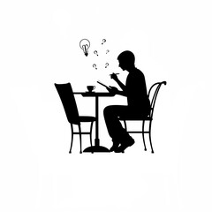 Silhouette of an author brainstorming ideas on a notepad in a café on white background