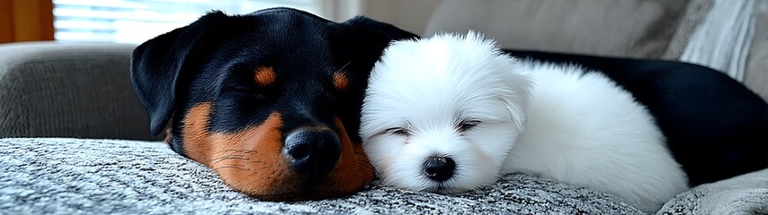 Two sleepy puppies cuddle