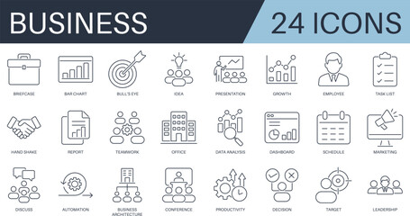 Business outline icon set with editable vector icons for leadership, growth, teamwork, marketing, targets, and data. Ideal for startups, entrepreneurs, and corporate use. Line icon pack.