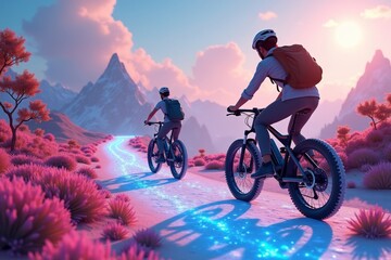 Fototapeta premium Stunning holographic mountain bikes with AI-generated landscapes take beautiful riders on a vibrant journey.