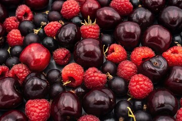 Assortment of fresh red and black berries: cherries, raspberries and currants. Berry background
