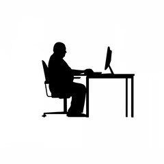 Silhouette of an elder learning computer basics in a community program on white background