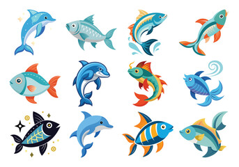 Colorful Cartoon Dolphins and Fish Collection - Vector Marine Animal Set on white background 