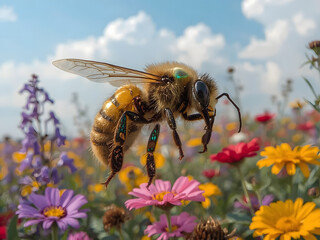 Bee in Flight over Wildflowers: A honeybee in mid-flight, its body dusted with pollen, hovers above a vibrant field of wildflowers.