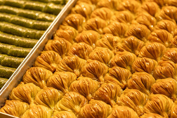 Cultural baklava varieties on the streets of Istanbul on a metal tray
