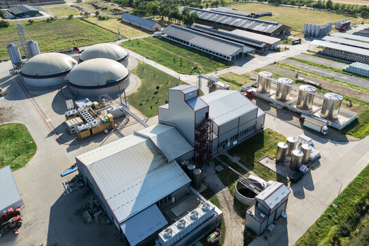 Aerial view of biogas plant for biomethane production