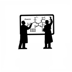 Silhouette of chemists creating formulas on a large blackboard on white background