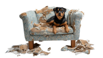 Rottweiler and Destroyed Armchair: A rottweiler sits on the pieces of an destroyed armchair with a playful and carefree look. Expressing mischief and the aftermath of an playful act.