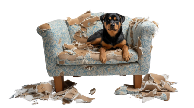 Rottweiler and Destroyed Armchair: A rottweiler sits on the pieces of an destroyed armchair with a playful and carefree look. Expressing mischief and the aftermath of an playful act.