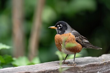 A close-up of an American Robin perched on a wooden rail in a lush green setting.