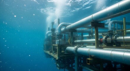 Naklejka premium Underwater view of an oil rig base with pipes and bubbles rising. Offshore drilling platform submerged in blue ocean water.