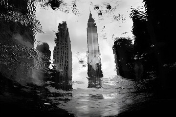 Puddle of water reflecting an urban cityscape with high rise buildings. Monochrome black and white.