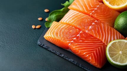 Delicious salmon slices with fresh lemon and lime on a dark surface showcasing keto and low carb dietary options