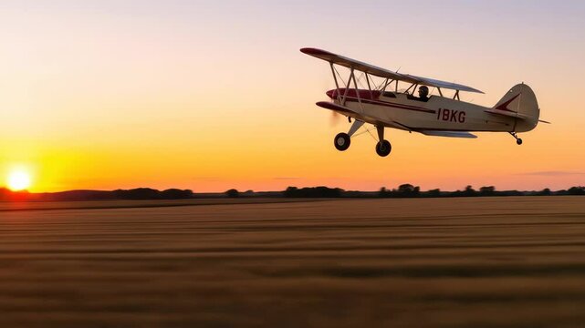 Biplane Flying Over Golden Wheat Field at Sunset - A vintage biplane flies low over a vast field of golden wheat at sunset.