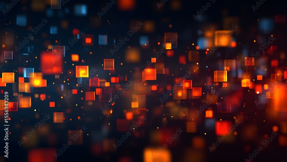 Poster abstract digital background with glowing pixelated squares and data points in a color scheme of dark