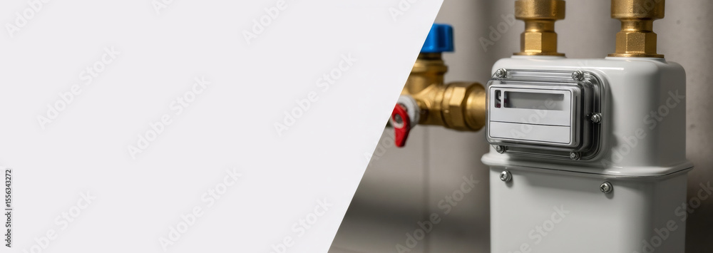 Poster close up of a gas meter installed in a residential building for utility measurement and consumption.