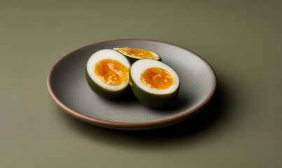 Century egg served on a soft gray plate against a matte emerald background, showcasing its unique textures and colors