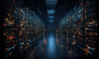 Exploring the advanced data technology center with server racks illuminating digital information flow