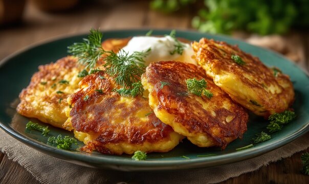 Enjoy crispy Belarusian draniki with sour cream on a rustic green plate for a delightful countryside breakfast experience