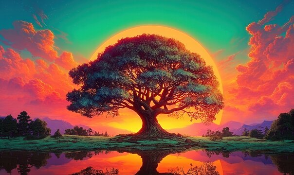 Vibrant neon tree of life against a colorful sunset landscape with reflections on water