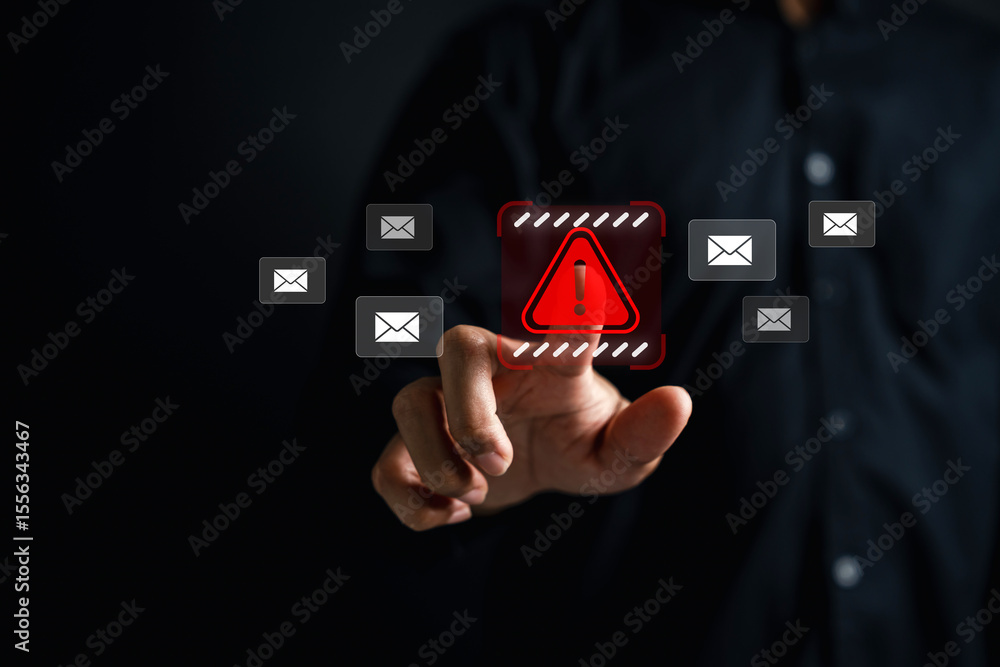 Poster email spam alert with cybersecurity threat warning symbol.