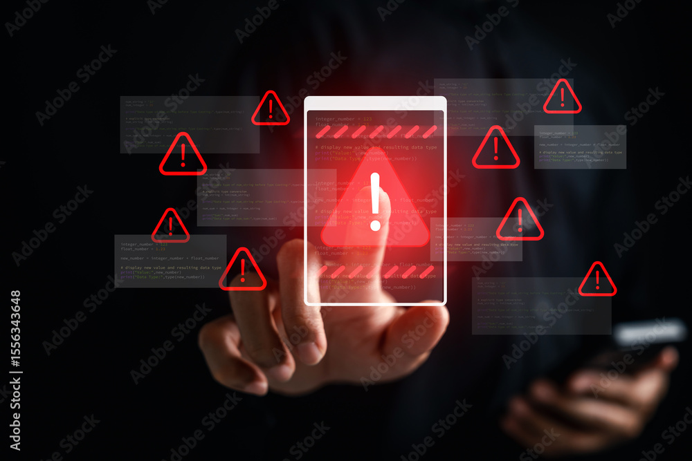 Poster cyber threat warning with red alert icons showing online danger.