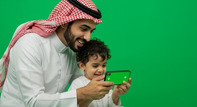 Father and Son Share a Joyful Moment, Exploring a Digital World Together