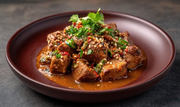 Rich pepin stew from Guatemala featuring toasted seeds, chilies, and fresh herbs on a maroon plate